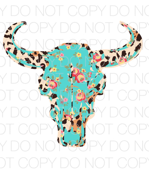 Floral and Leopard Bullskull - HTV Transfer