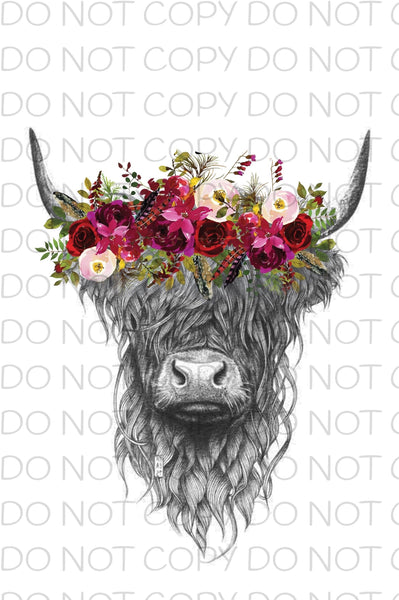 Highland cow with flowers Transfer Sheet