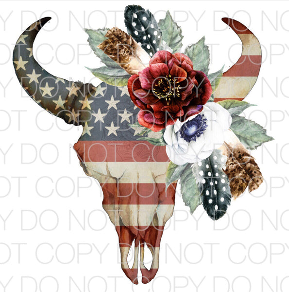 American Flag Bull Skull Transfer Sheet